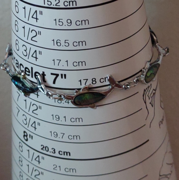 Silvertone Multi Link 7" Bracelet Paua Shell Blue & Greens Dolphins Fold over - Picture 5 of 5